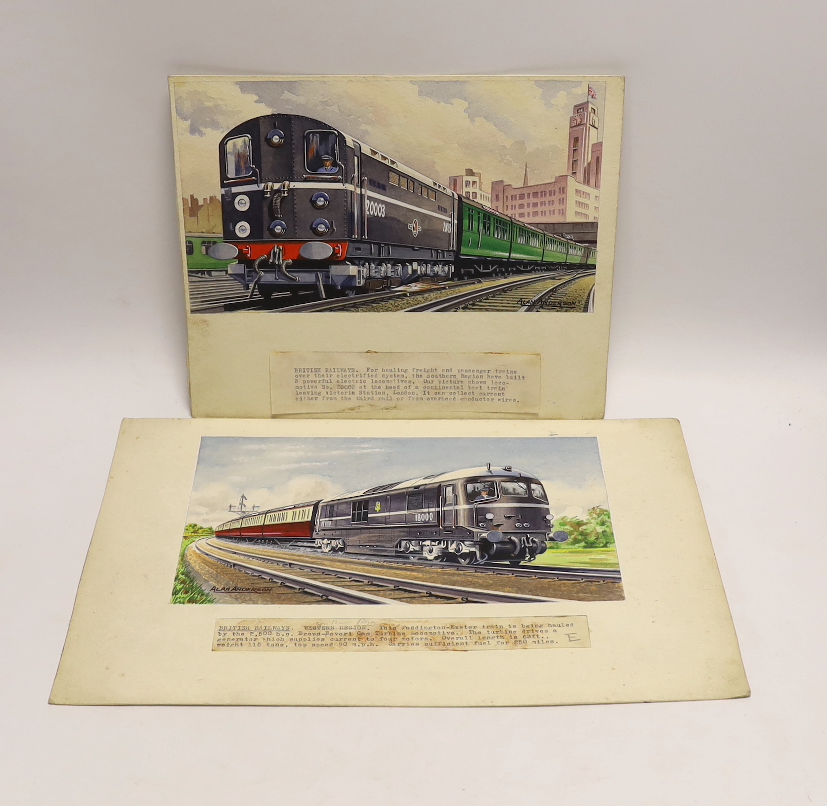 Alan Anderson, two watercolours, a BR Class 70 electric locomotive leaving Victoria Station, and a gas turbine locomotive 18000, 15.5 x 27cm, both signed